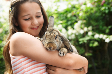 A young girl holding a rabbit in her arms outside.