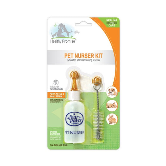 Pet nurser bottle with brush kit, angled front view, for easy feeding and cleaning.