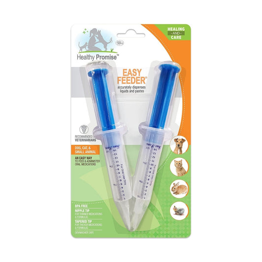 Closeup view of top of Four Paws Easy Feeder Hand Feeding Syringe in 2 count pack with measurement markings.