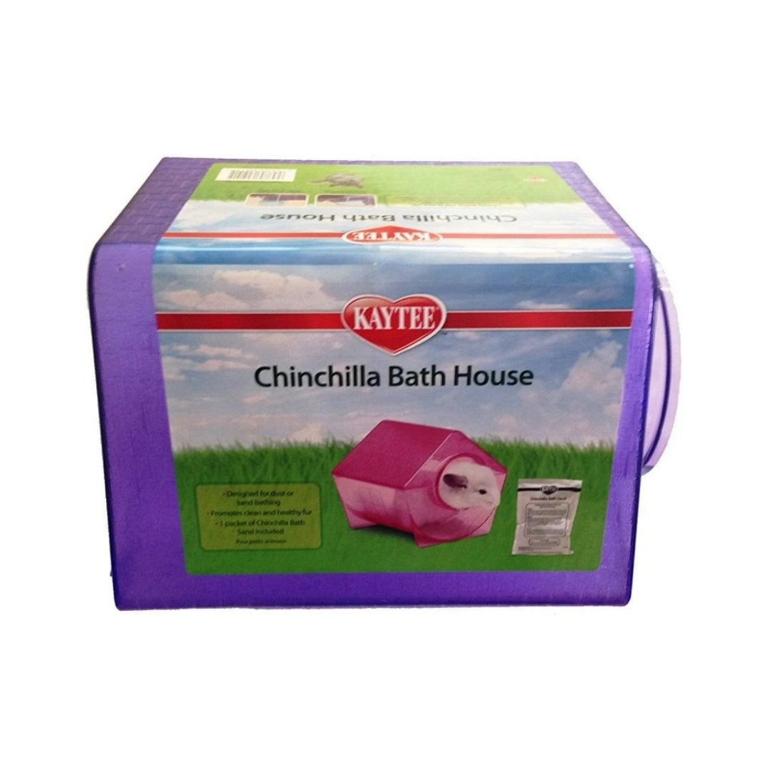 Front view of Kaytee Chinchilla Bath House for dust baths, small pet grooming essential.
