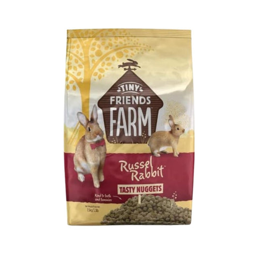 Front view of Supreme Pet Foods Tiny Friends Farm Russel Rabbit Tasty Nuggets 3.3 lb bag with vibrant red packaging.