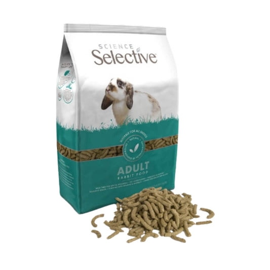 Front view of Supreme Pet Foods Science Selective Adult Rabbit Food in 4 lb packaging, with high fiber formula for adult rabbits.