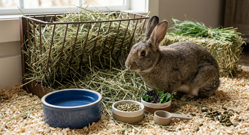 Pet rabbit with fresh grass hay, illustrating hay as the main part of the diet
