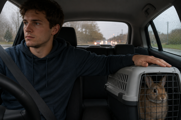 Alex drives with Pip's travel carrier tucked safely beside the seat—first day home realism for a longevity-minded companion rabbit.
