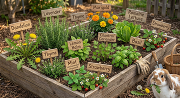 A rabbit eating a dandelion leaf next to a large planter box with outdoor safe plants