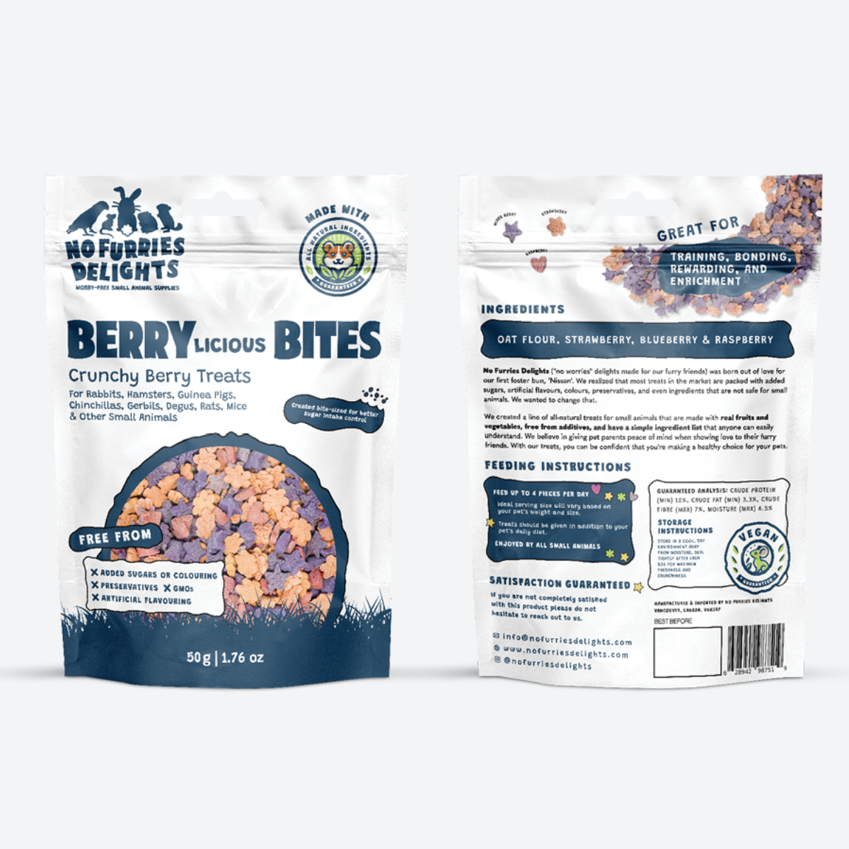Front and back of Berrylicious Bites small animal treat packaging