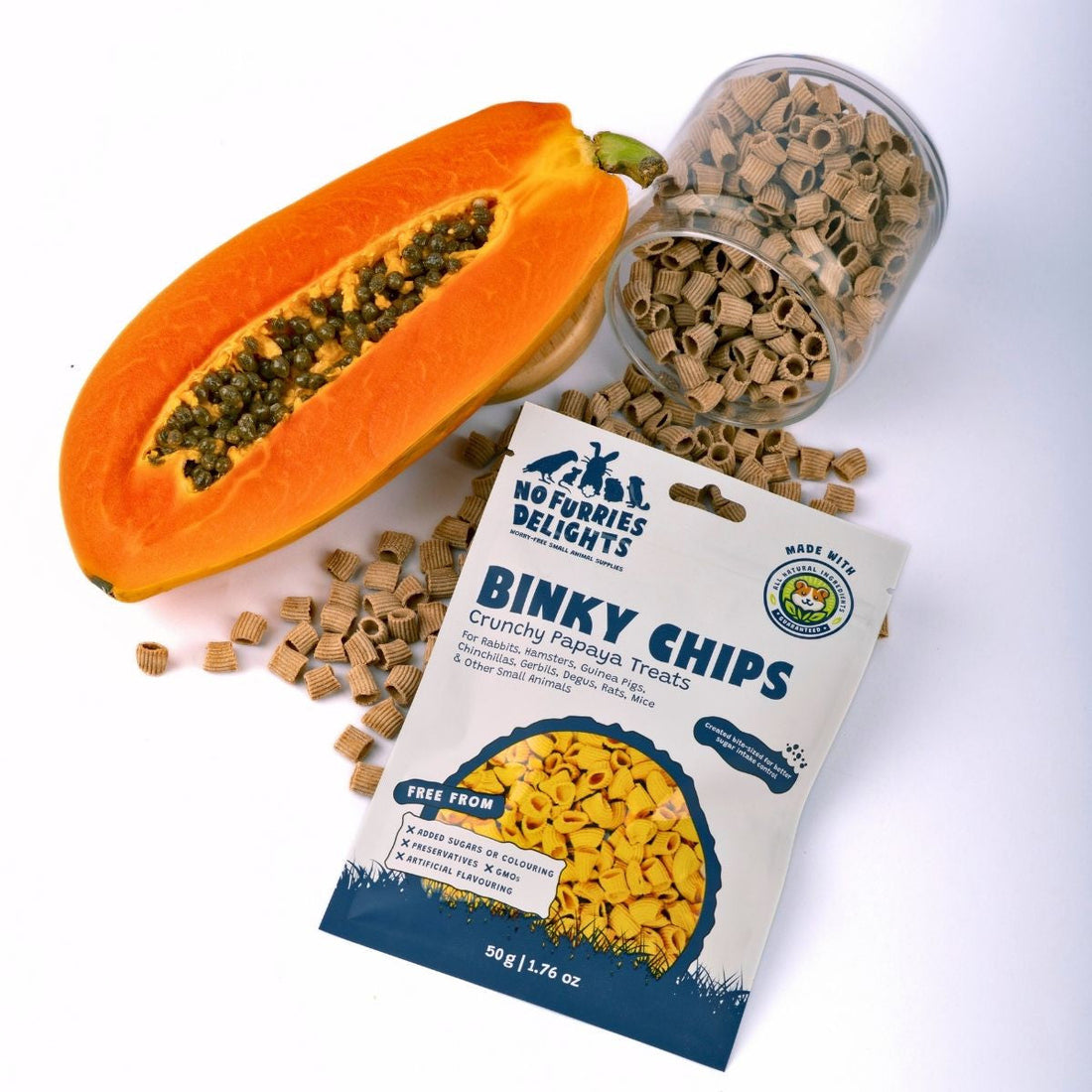 Papaya-flavored binky chip treats for small animals like rabbits and guinea pigs