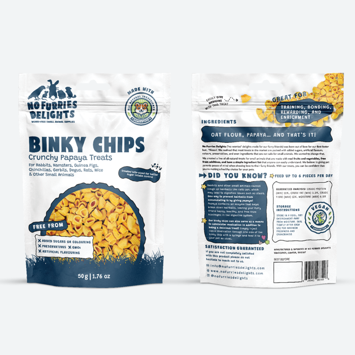 Front and back of Binky Chips papaya treat packaging for small pets