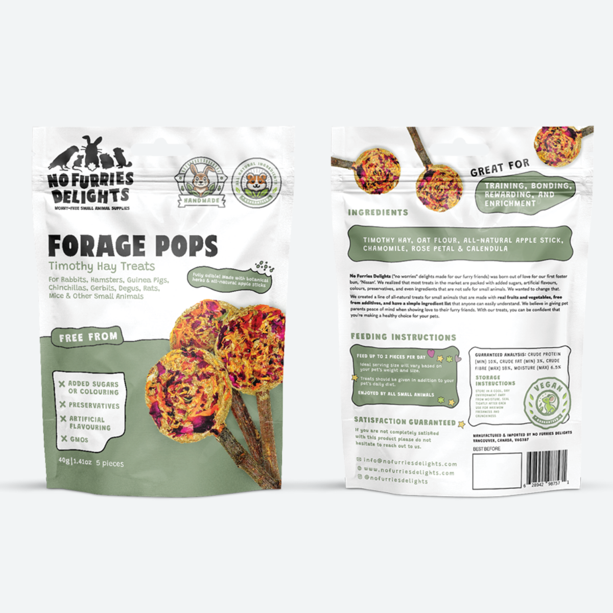 Front and back of Forage Pops small animal treat packaging