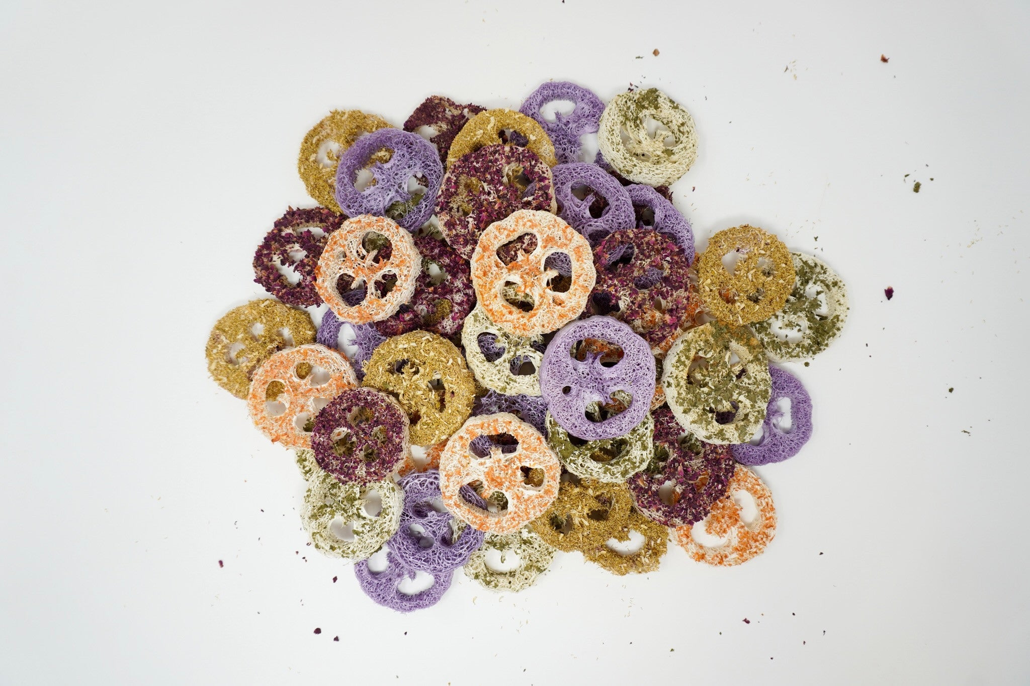 Top view of assorted loofah chew rings for small animals