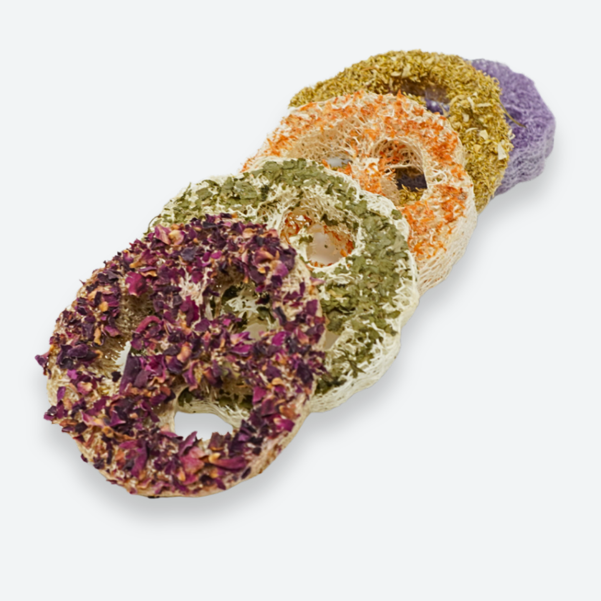 Stack of flavored loofah chew rings for rabbits, guinea pigs, and other small animals