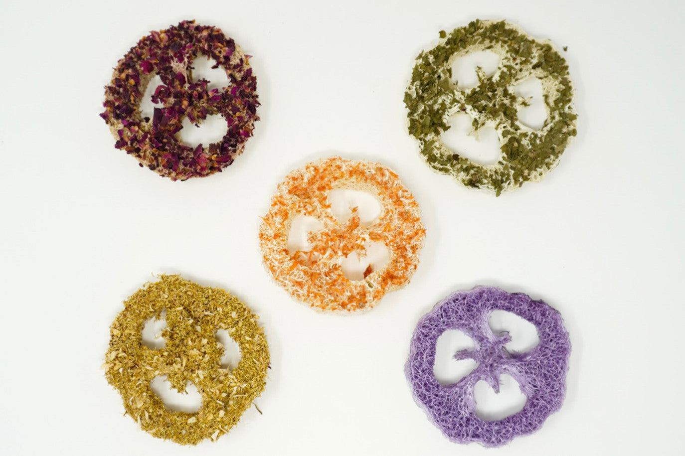 Assorted flavored loofah chews shown separately in different colors
