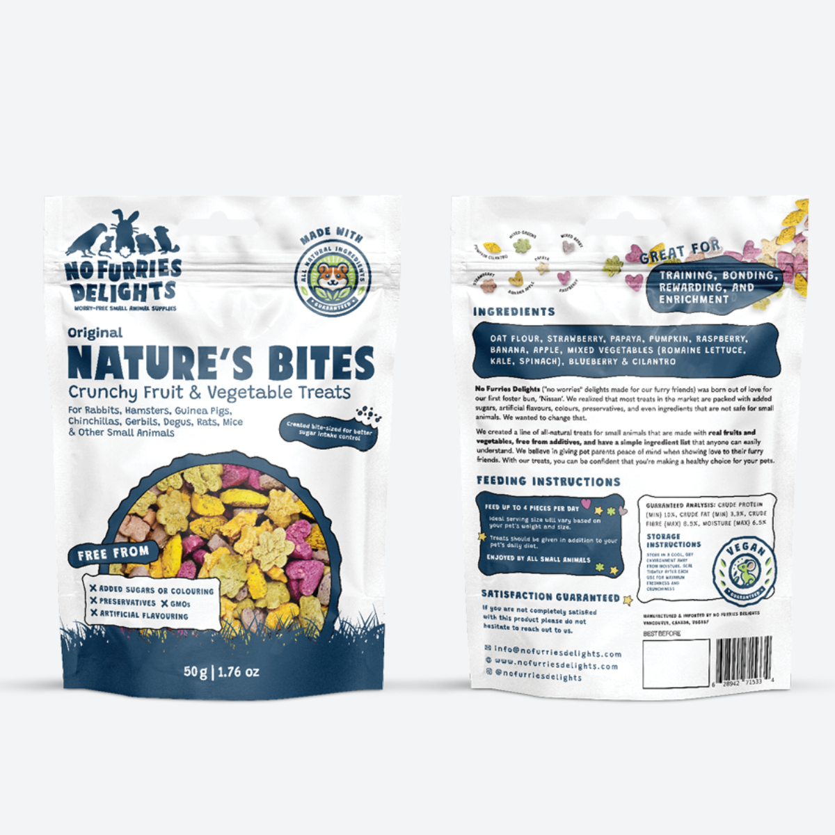 Front and back of Nature’s Bites crunchy treat packaging