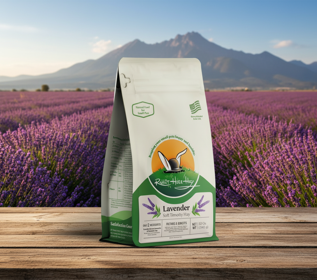 mock up of Rabbit Hole Hay Lavender Soft Timothy hay in a lavender field.