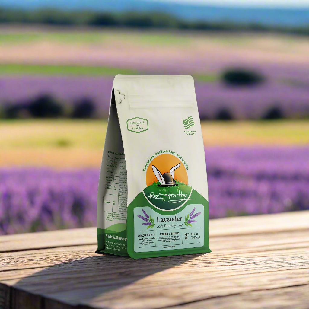 Bag of Soft Timothy Hay with Lavender infused sitting on a table in a lavender field