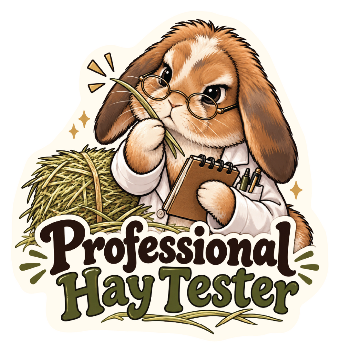 Professional Hay Tester Sticker featuring a lop-eared rabbit in glasses and a lab coat inspecting hay with a notebook