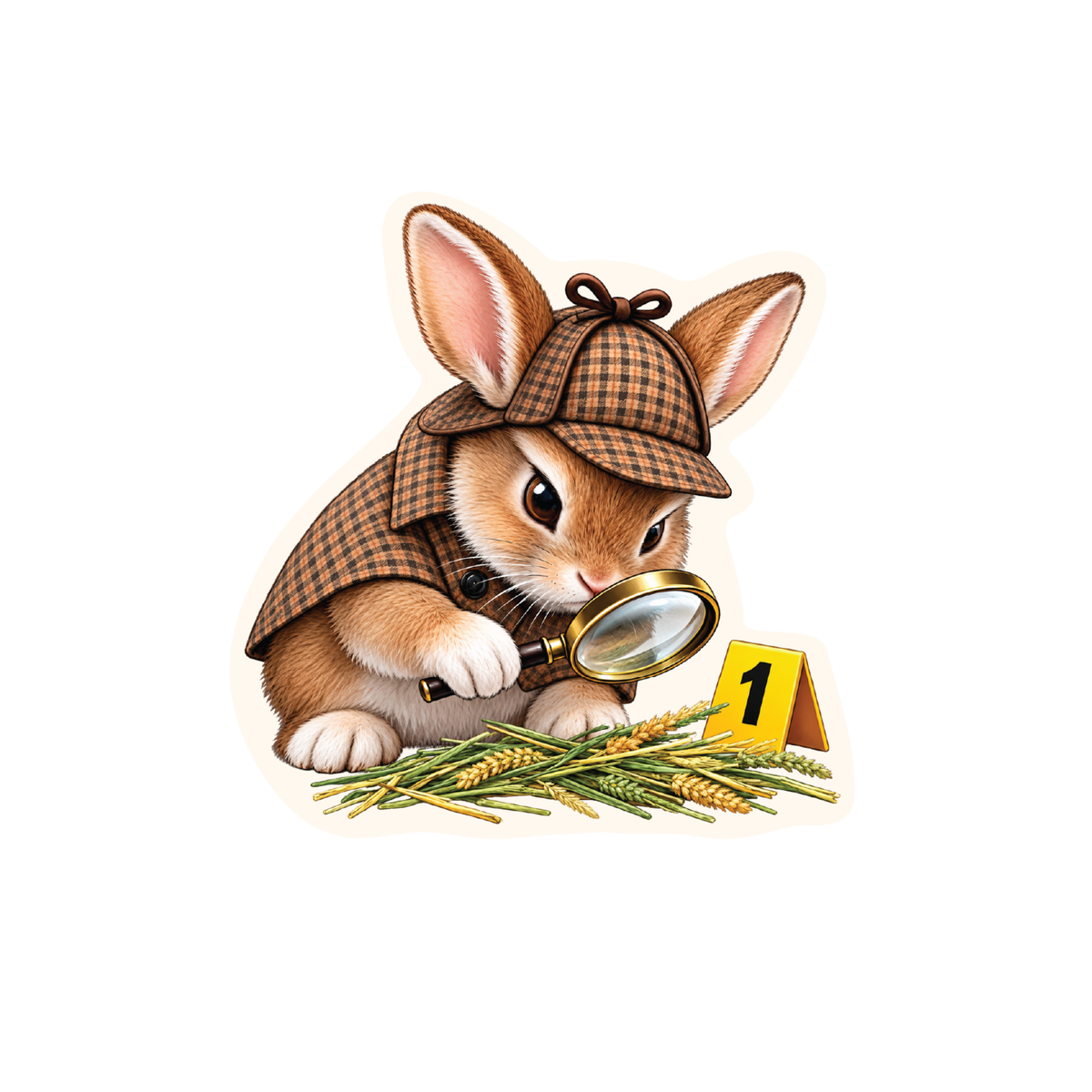 The Hay Detective Sticker featuring a bunny in a checked cap inspecting hay with a magnifying glass