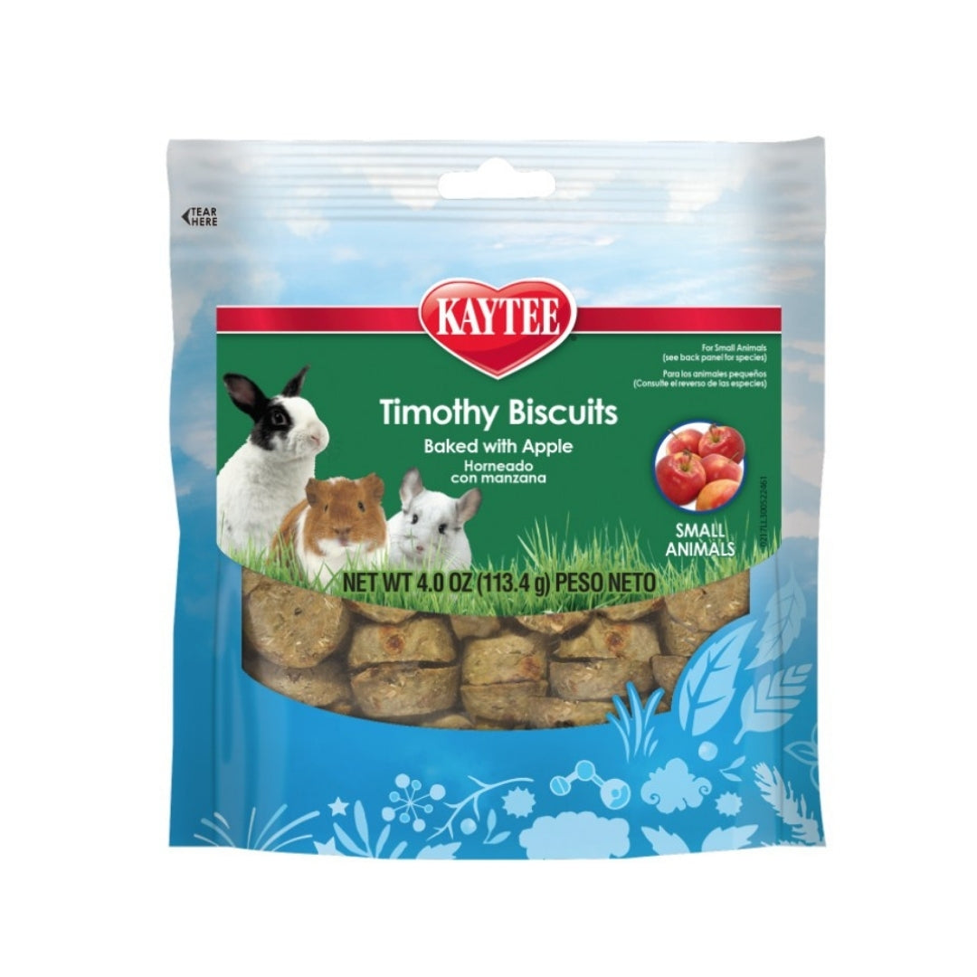 Kaytee Timothy Biscuit Treat Baked with Apple For Dental Health Support 4 oz - Front view of delicious apple-flavored pet treat.
