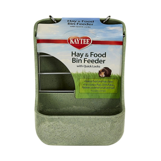 Storage bin with quick locks for small animals' hay and food - front view.