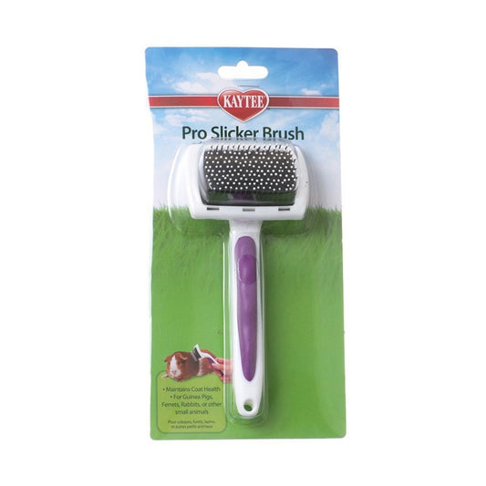 Small pet front view soft slicker brush with ergonomic handle.