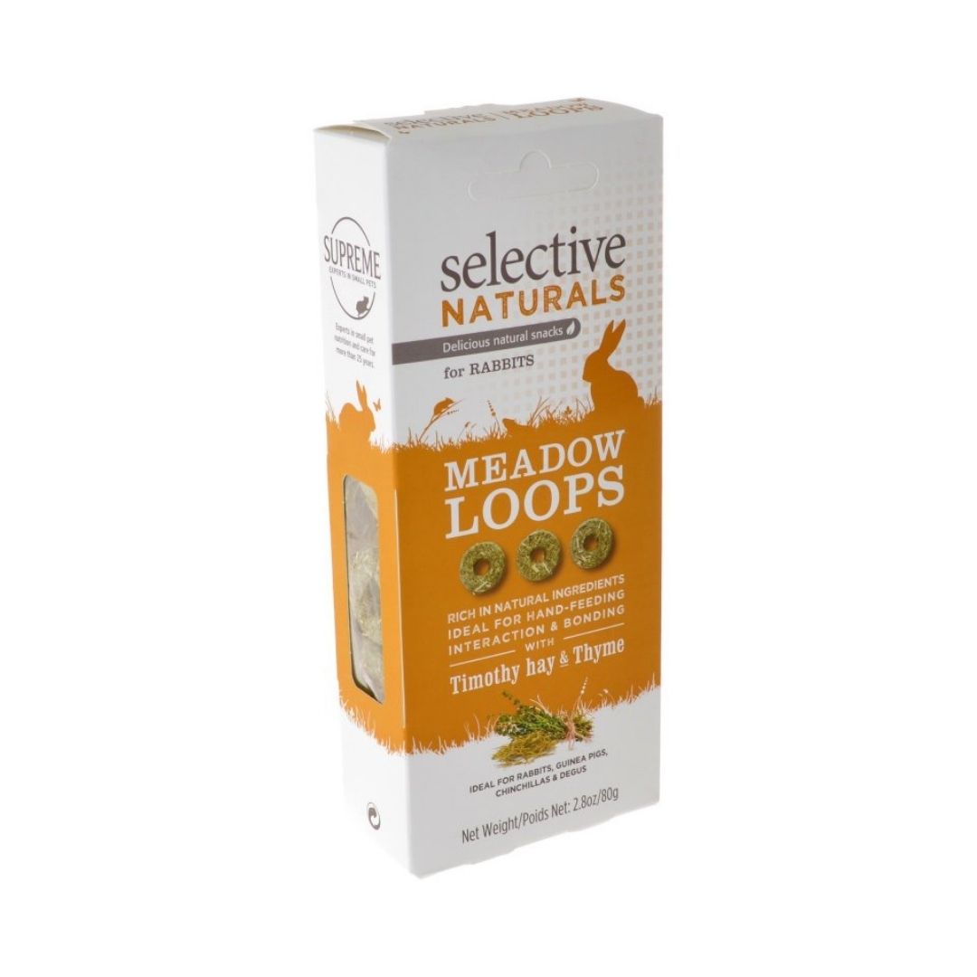 Top view of Supreme Pet Foods Selective Naturals Meadow Loops hay for small animals.